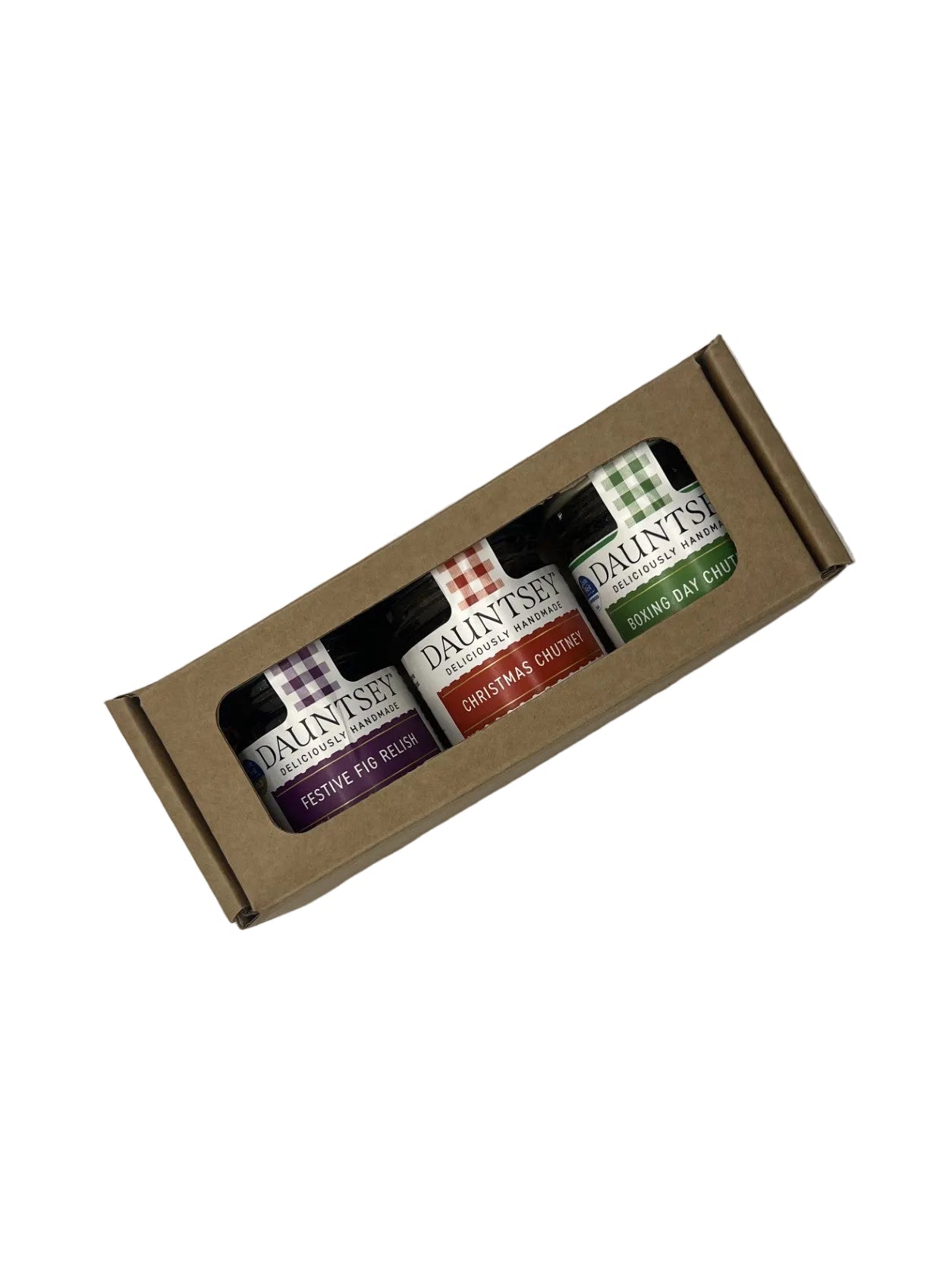 A three-piece set of Dauntsey chutney's in a small brown kraft cardboard box, displayed diagonally.