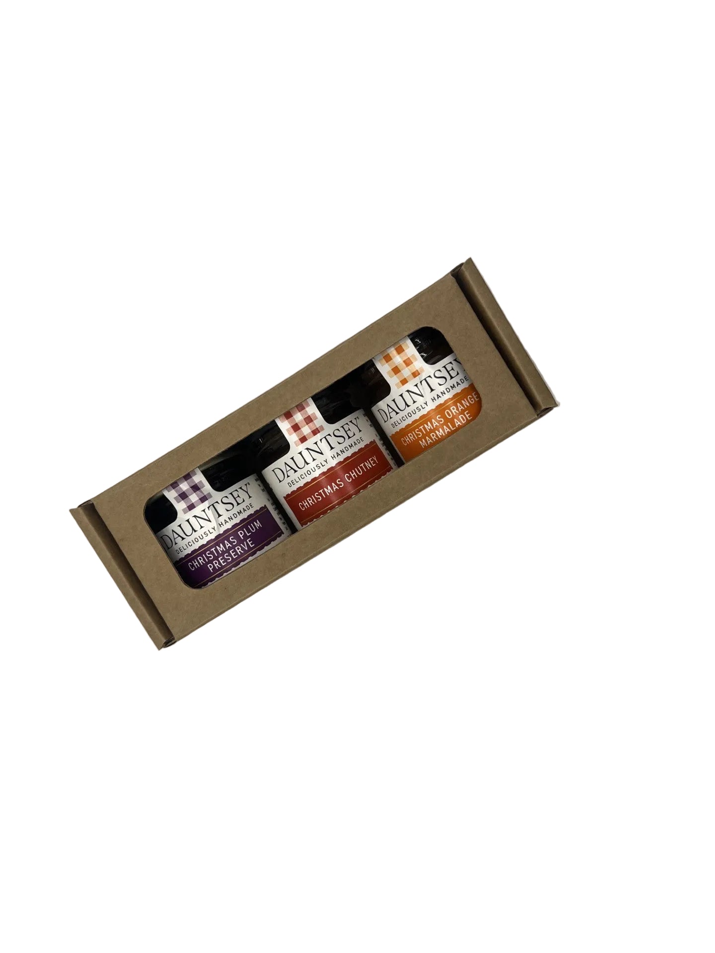A three-mini jar set in a brown cardboard tray, photographed from above 